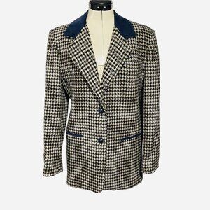 JL COLEBROOK Mohair Wool Houndstooth Blazer Women Small Navy Tan Career Business